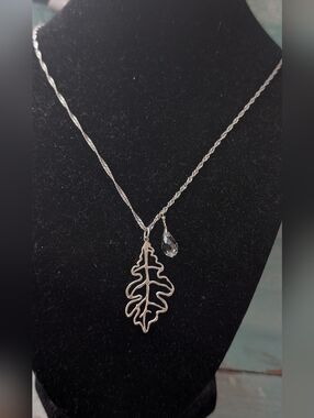 Silver Leaf Pendant Necklace with Clear Crystal Teardrop Stamped 925